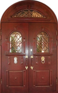 Стальная арочная дверь со стеклом и ковкой ДА-30 в дом из кирпича в Самаре