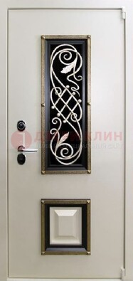 Белая стальная дверь с ковкой со стеклопакетом и МДФ ДК-30 в Самаре