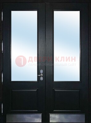 Черная двухстворчатая металлическая дверь со стеклом ДС-25 в Самаре