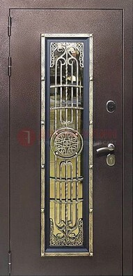 Железная дверь цвета медный антик со стеклом и ковкой ДСК-105 в Самаре