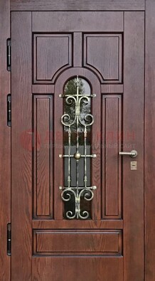 Cтальная дверь со стеклом и ковкой в коричневом цвете ДСК-119 в Самаре