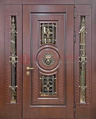 Коричневая стальная дверь со стеклом и ковкой ДСК-147 с фрамугами в Самаре