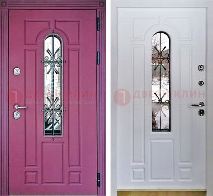 Розовая металлическая дверь со стеклом и ковкой ДСК-151 в Самаре