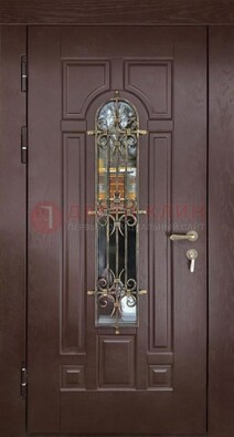 Темная железная дверь со стеклом и ковкой для частного дома ДСК-156 в Самаре