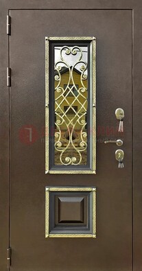 Входная дверь порошок со стеклом и ковкой для коттеджа ДСК-166 в Самаре