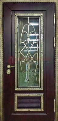 Темная уличная дверь порошок со стеклом и ковкой ДСК-167 в Самаре