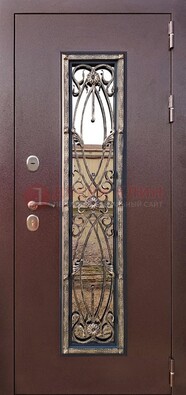 Коричневая стальная дверь порошок со стеклом и ковкой для дома ДСК-169 в Самаре