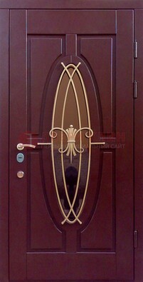 Бордовая стальная дверь Винорит со стеклом и ковкой ДСК-263 в Самаре