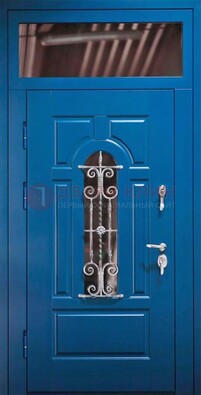 Синяя железная филенчатая дверь со стеклом и ковкой ДСК-97 в Самаре