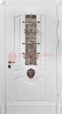 Белая металлическая дверь с виноритом и стеклом с ковкой ДВТ-165 в Самаре