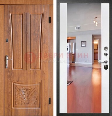 Входная коричневая дверь терморазрыв c виноритом и белая МДФ c зеркалом ДЗ-123 в Самаре