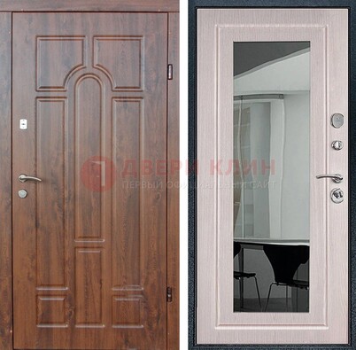Входная коричневая дверь с МДФ Белый дуб и зеркалом ДЗ-126 в Самаре