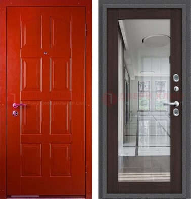 Красная металлическая дверь с МДФ и зеркалом ДЗ-136 в Самаре