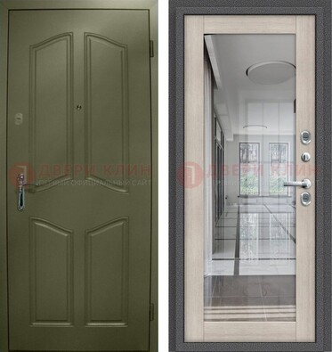 Зеленая стальная дверь с МДФ панелями и зеркалом ДЗ-137 в Самаре