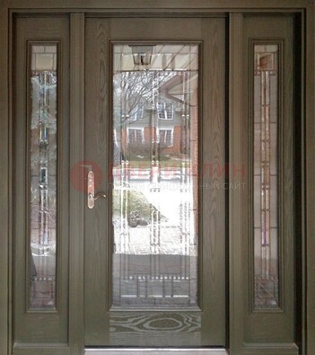 Коричневая стальная дверь с массивом дуба с витражом ВЖ-16 в Самаре