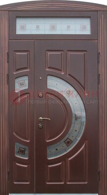 Коричневая двухстворчатая железная дверь с МДФ и витражом ВЖ-29 в Самаре