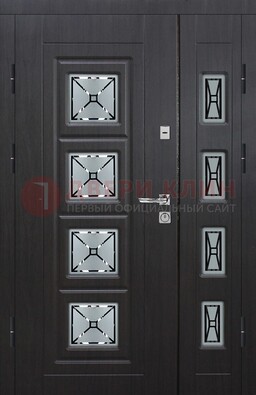 Чёрная двухстворчатая железная дверь с МДФ и витражом ВЖ-35 в Самаре