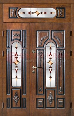 Коричневая двухстворчатая железная дверь с МДФ и витражом ВЖ-36 в Самаре