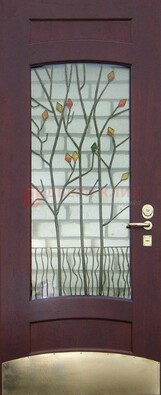 Бордовая стальная дверь с витражом и декоративным элементом ВЖ-3 в Самаре
